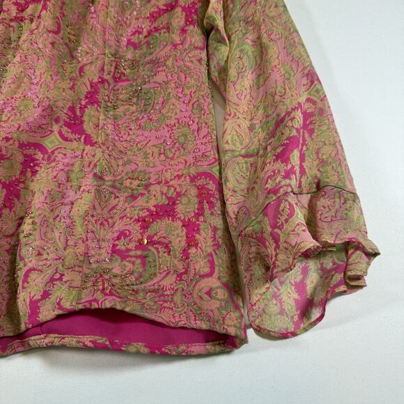 Vintage Y2K ICE Silk Paisley Beaded Ruffle Fairy Button Front Blouse Pink Wms XL - Picture 6 of 13